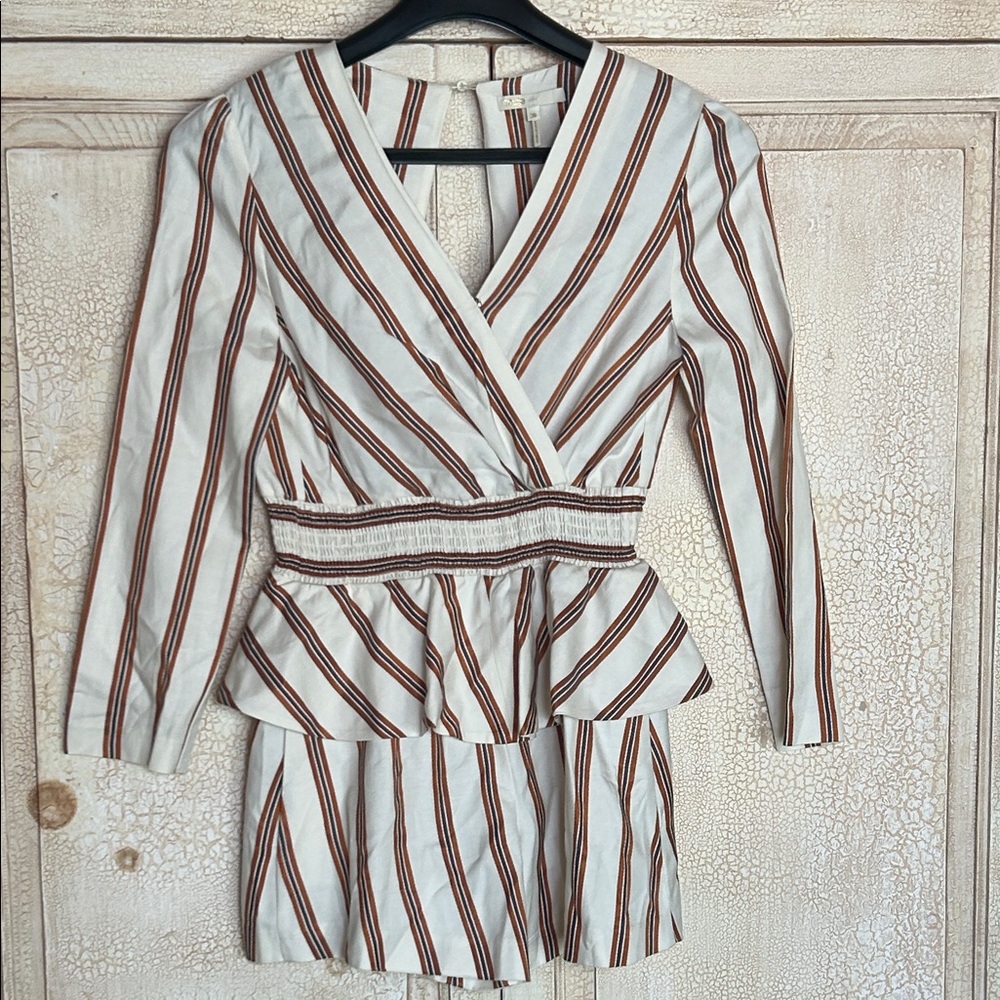 Maje Leni Striped Peplum Romper Ivory Brown Tiered Ruffle Size S